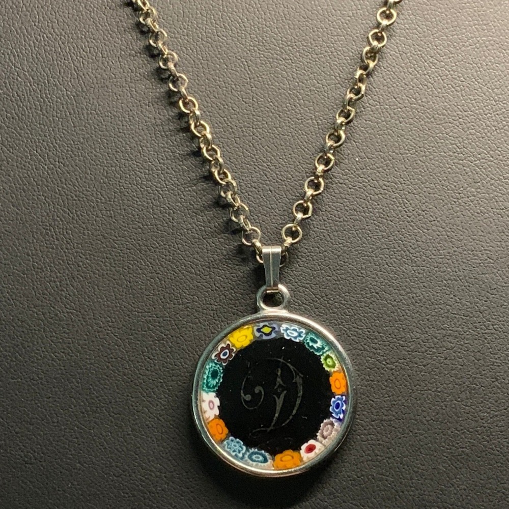 Murano Glass Millefiori Initial D Pendant Necklace Made in Italy Silver Tone 22"
